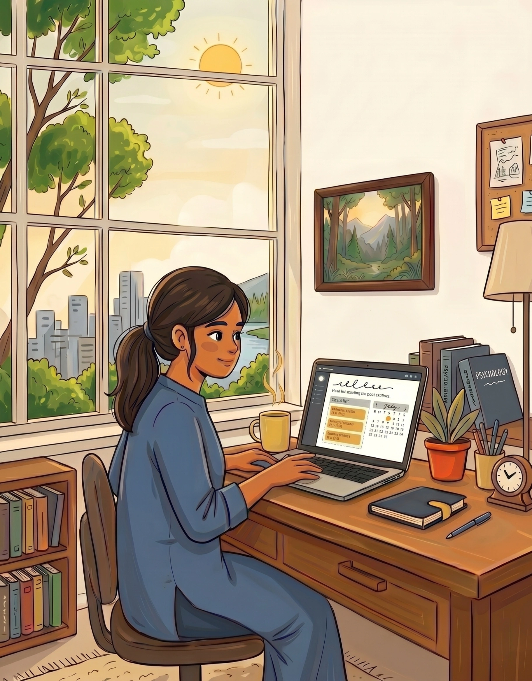 A therapist working at a sunlit desk